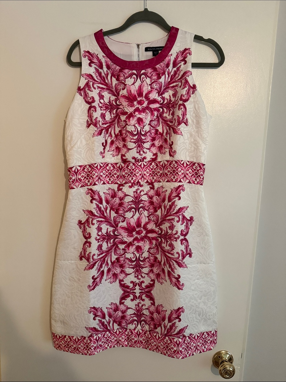 Boston Proper White Mini Dress with Fuchsia Scroll Print